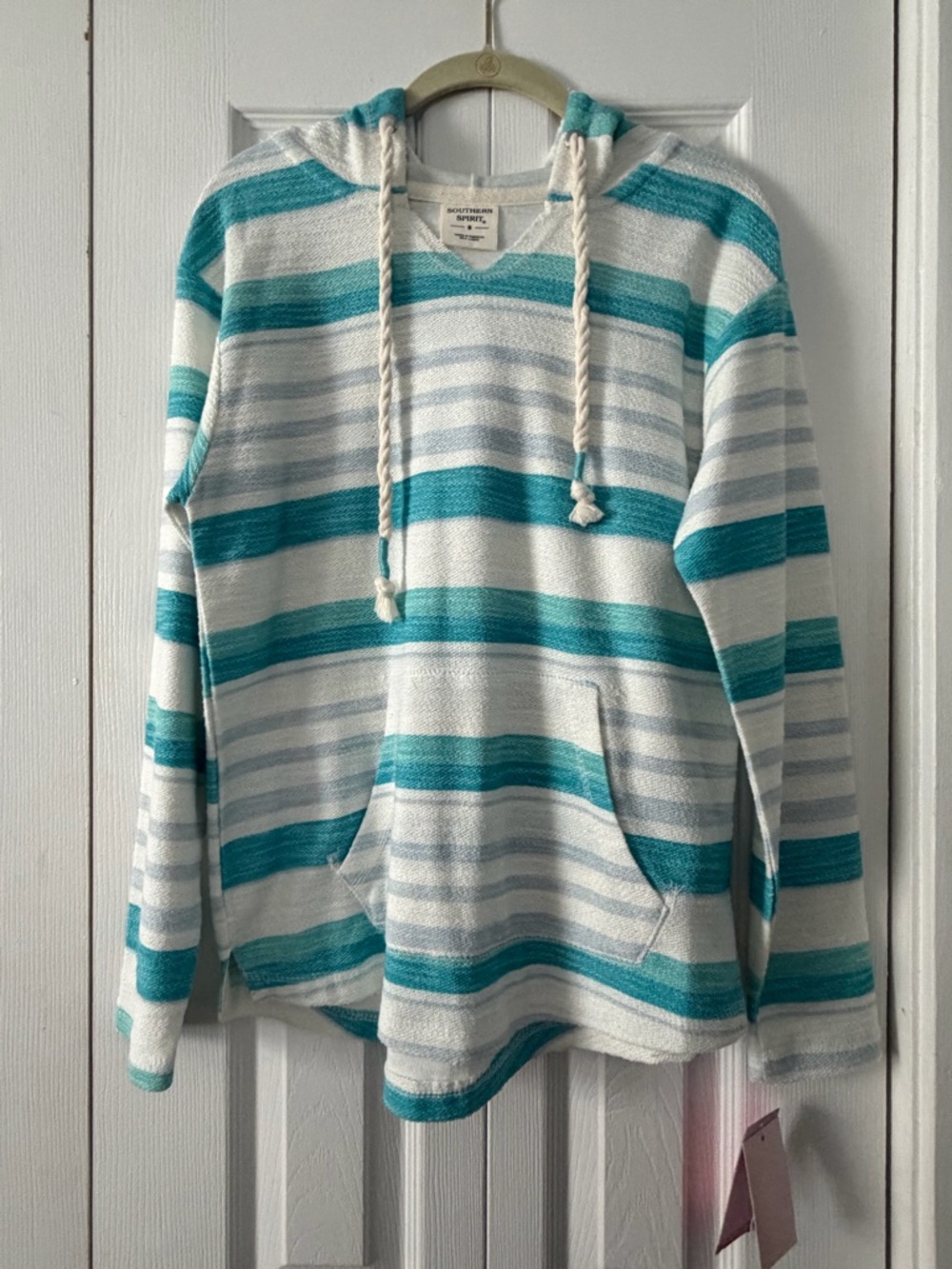 Striped Teal & White Hooded Pullover Sweater